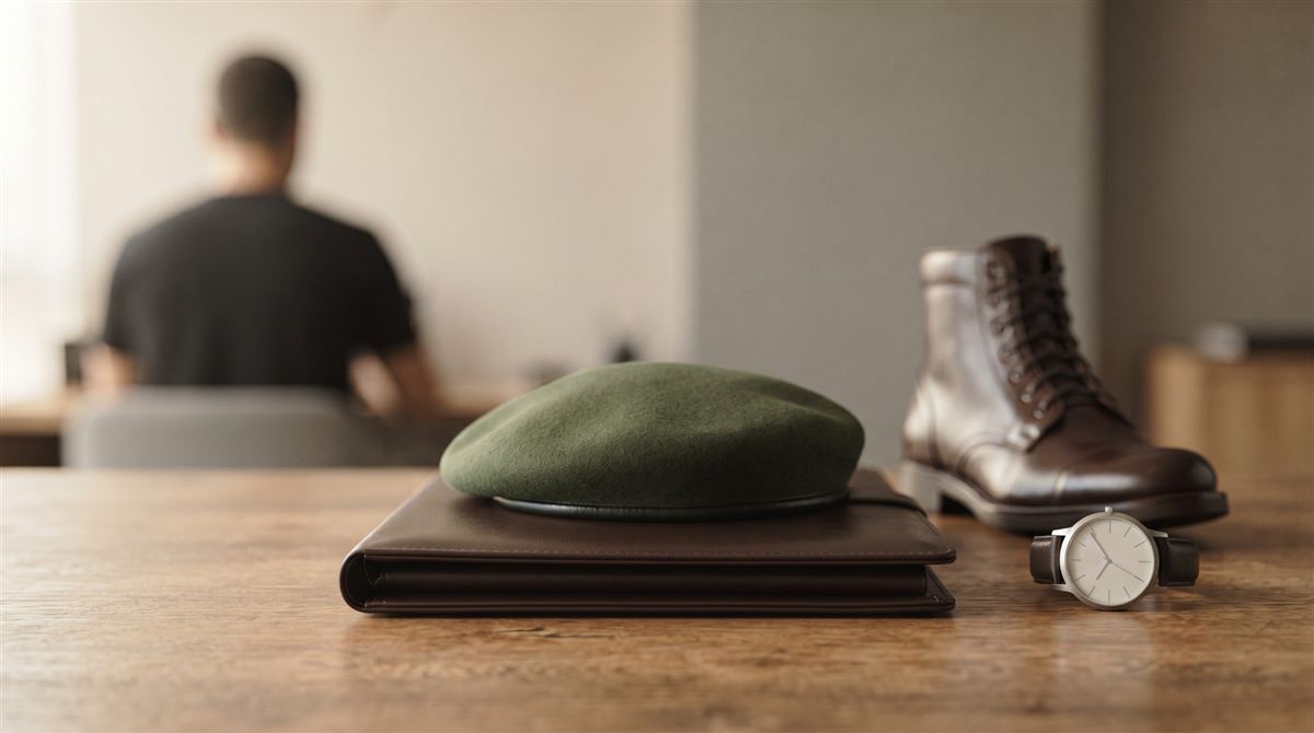 Boina verde sobre uma pasta de couro, ao lado de uma bota e de um relógio: tempo de serviço militar na aposentadoria do servidor