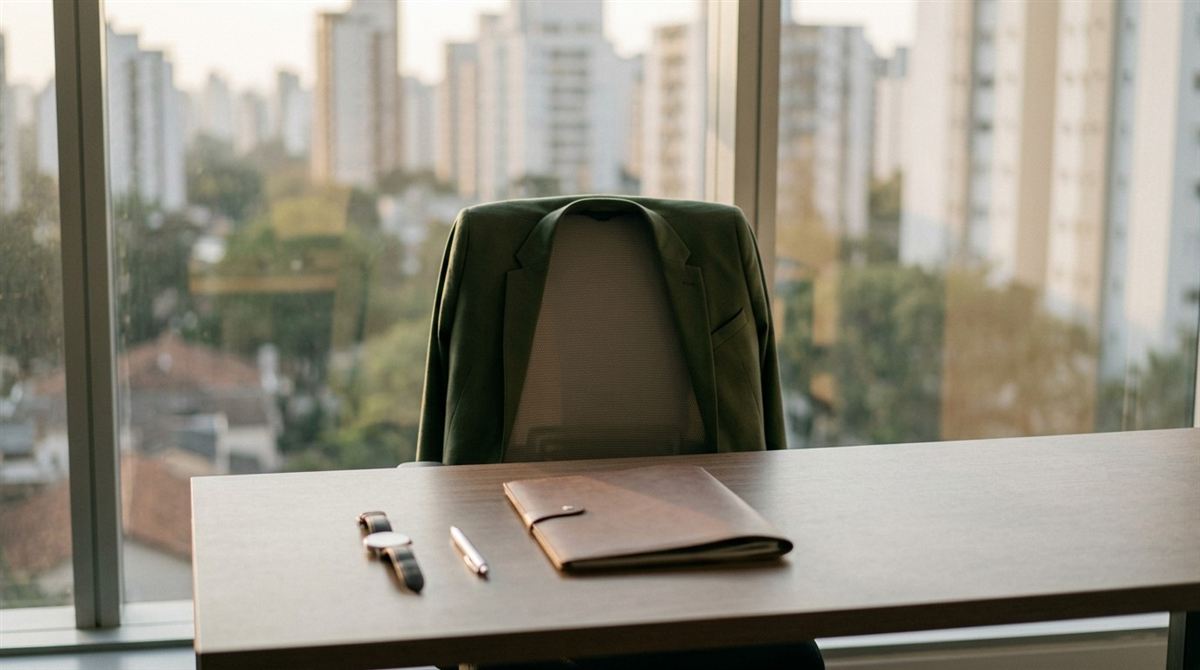 Cadeira de escritório vazia com um casaco verde no encosto da cadeira: licença sem remuneração do servidor público