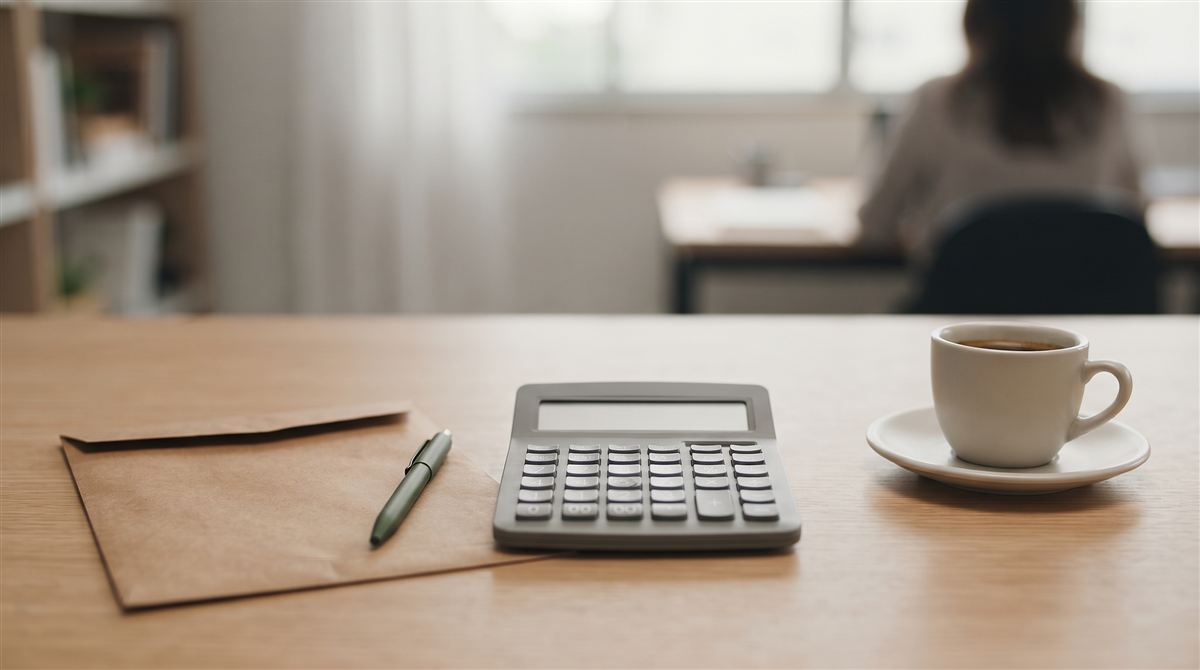 Calculadora, caneta e envelope pardo sobre uma mesa: reposição ao erário do servidor