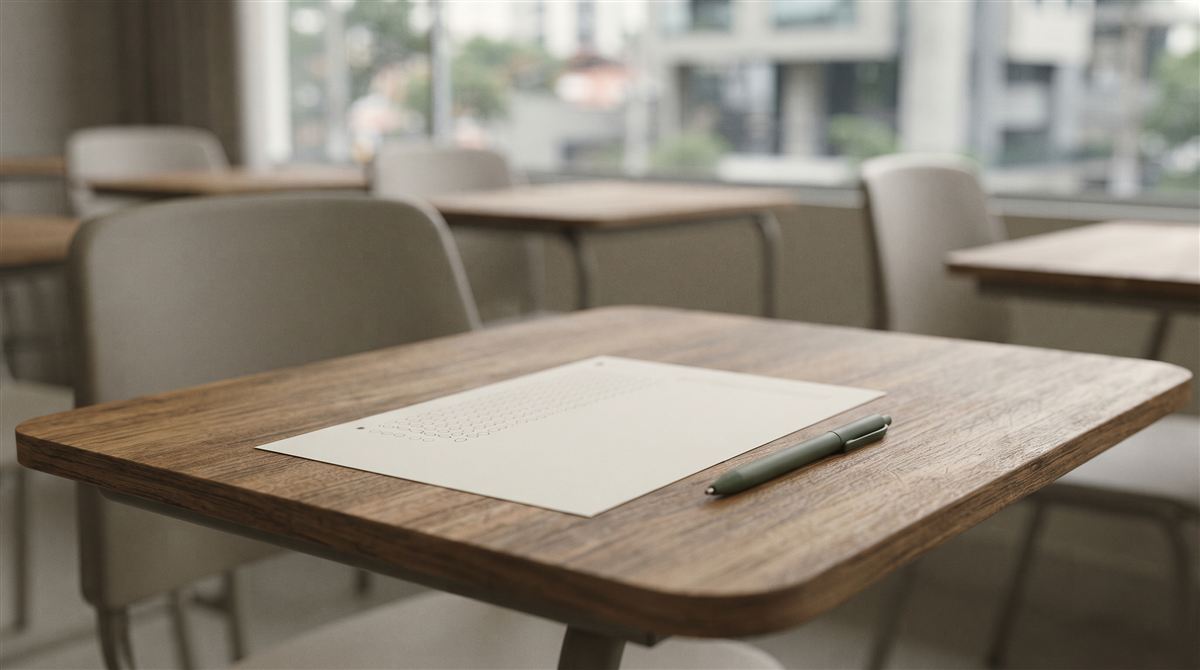 Folha de respostas de prova de concurso público sobre uma mesa