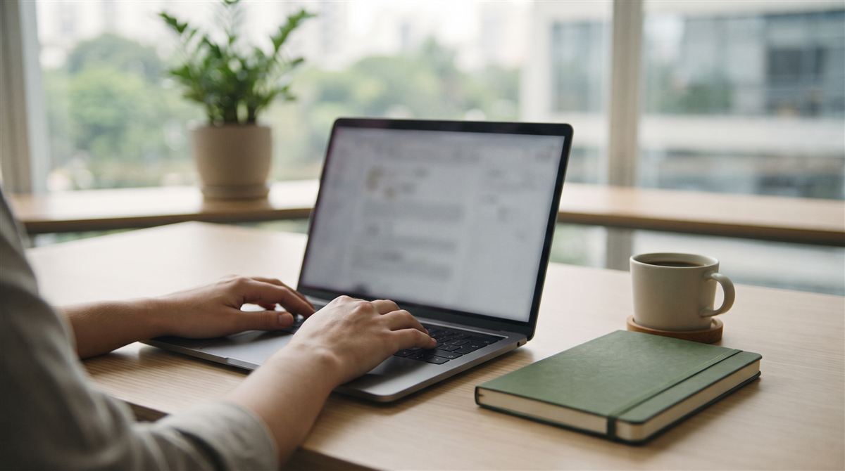 Mãos digitando em um notebook ao lado de um caderno verde: licença para capacitação do servidor público
