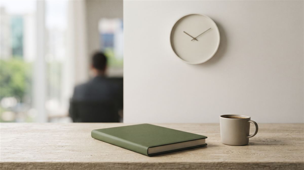 Relógio de parede ao lado de uma agenda verde e uma xícara