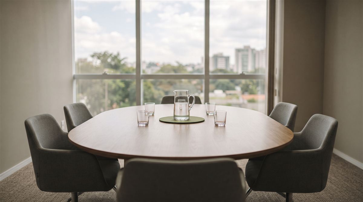 Sala de reuniões vazia com mesa oval, onde a comissão de sindicância se reúne